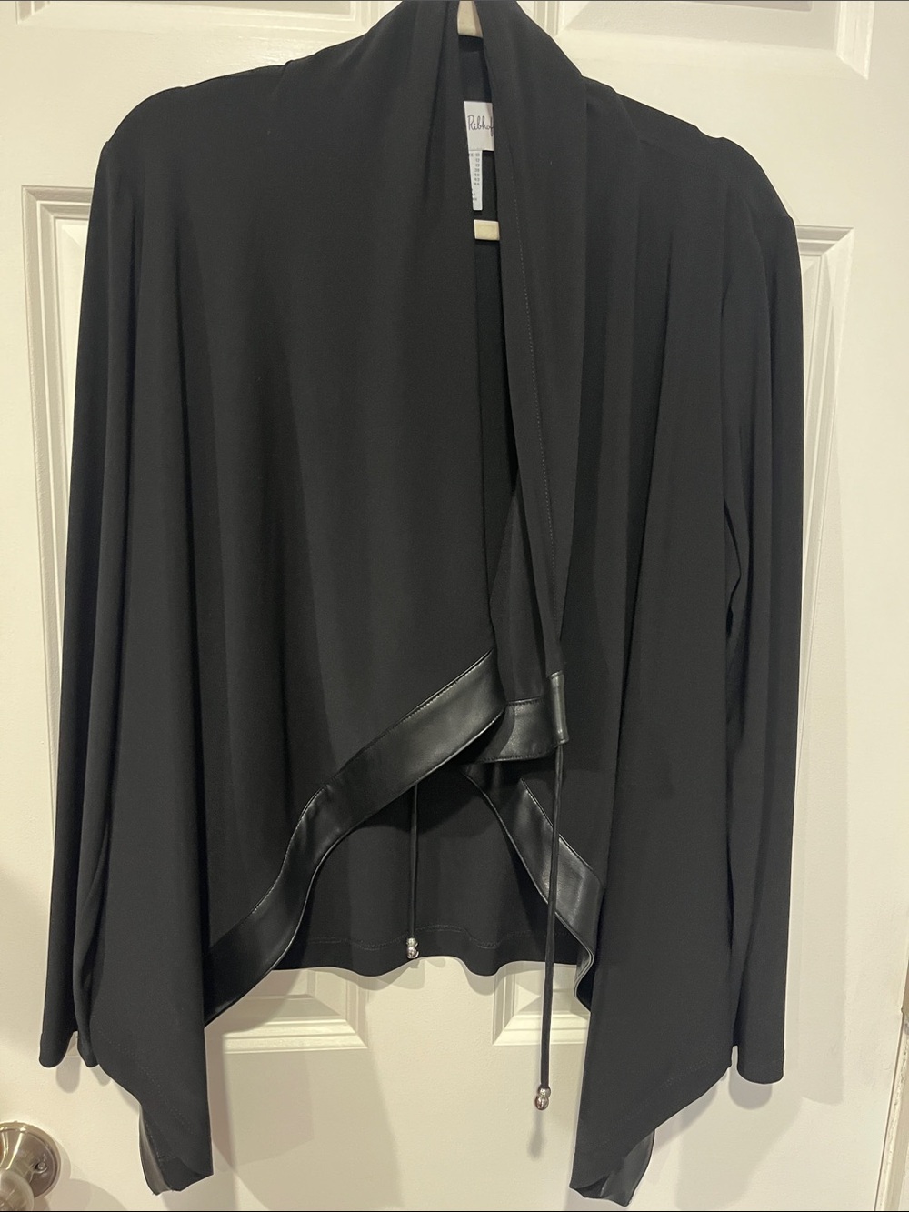 Joseph Ribkoff Black Draped Open-Front Jacket with Faux Leather Trim 10